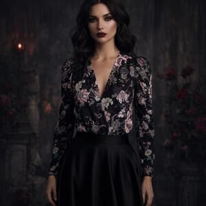 Dark Moody Floral Long Sleeve Bodysuit Whimsigoth Gothic Romance Black XS NEW